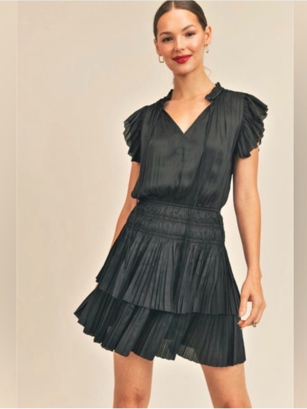 Current Air Black Pleated Short Dress with Ruffled Neckline